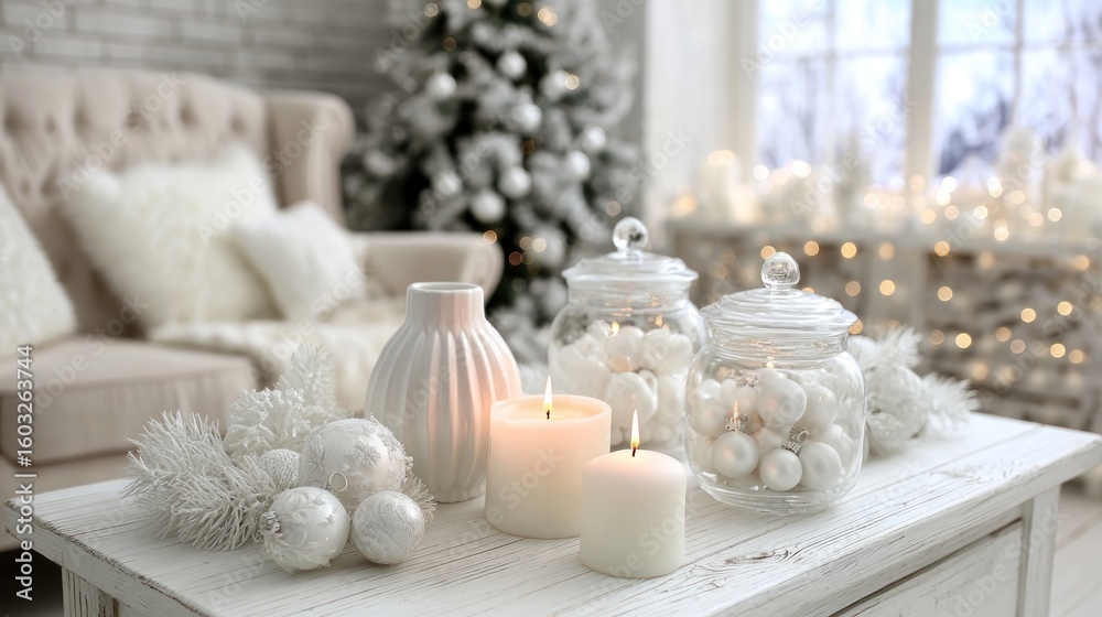 Obraz premium White Christmas decorations on a light wooden table.