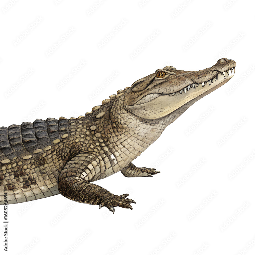 Obraz premium A detailed illustration of a crocodile with textured skin and sharp teeth. The animal is positioned against a black background, showcasing its features clearly.