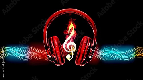 Vibrant headphones and music note with colorful light waves on a transparent background