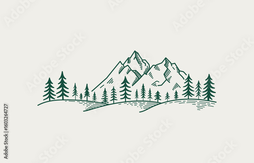 Mountain Ridge with Pine Forest.  Simple vector Line Art Illustration