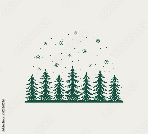 Vector line art illustration of winter forest with tall spruce trees and gently falling snowflakes. Minimalist sketch of calm snowy landscape.