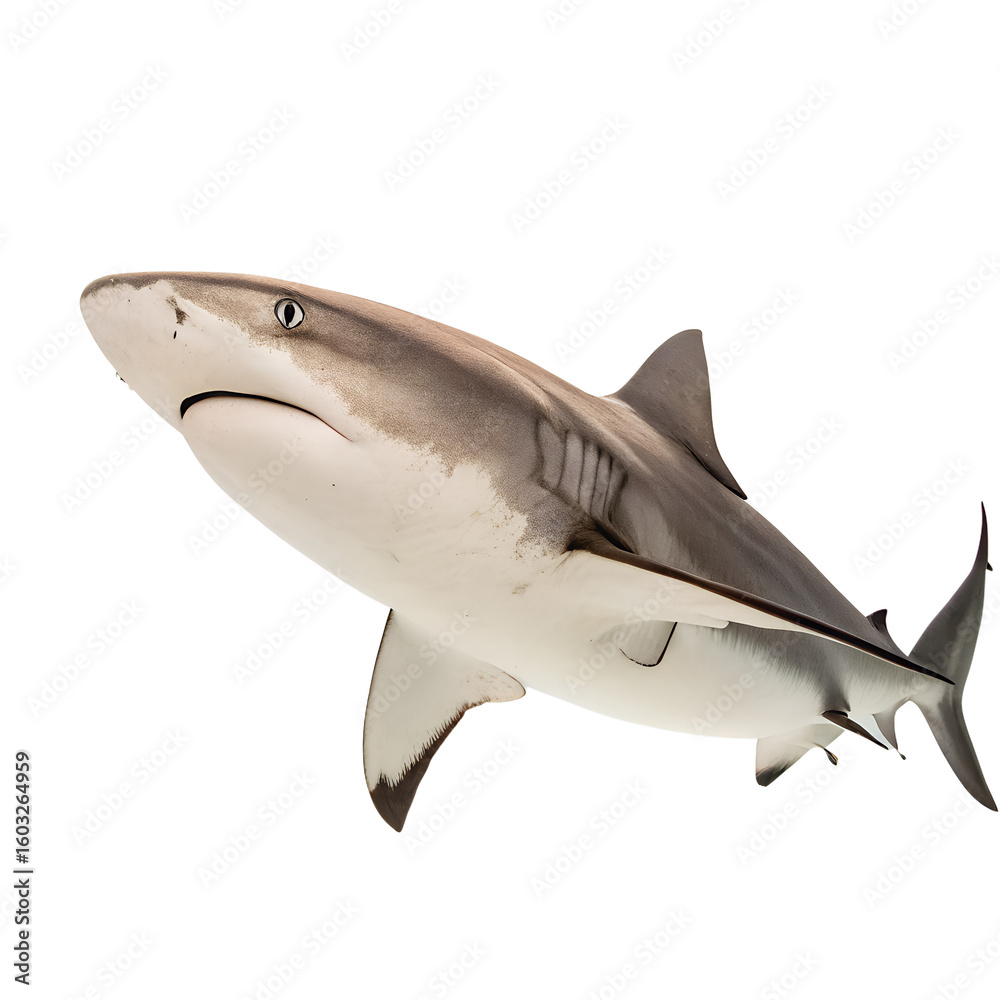 Fototapeta premium A close-up view of a grey reef shark swimming against a black background. The shark displays a streamlined body and sharp teeth, showcasing its predatory nature.