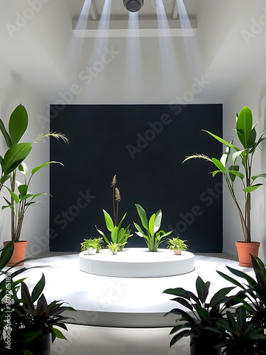 Modern Display with Plants and Soft Lighting