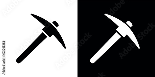 Pickaxe icon. Symbol of work, extraction, or mine. Attribute of a quarry, miner, or worker. Hand-held impact tool for gold or ore mining.
