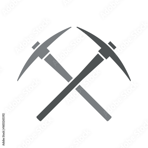 Pickaxe icon. Symbol of work, extraction, or mine. Attribute of a quarry, miner, or worker. Hand-held impact tool for gold or ore mining.