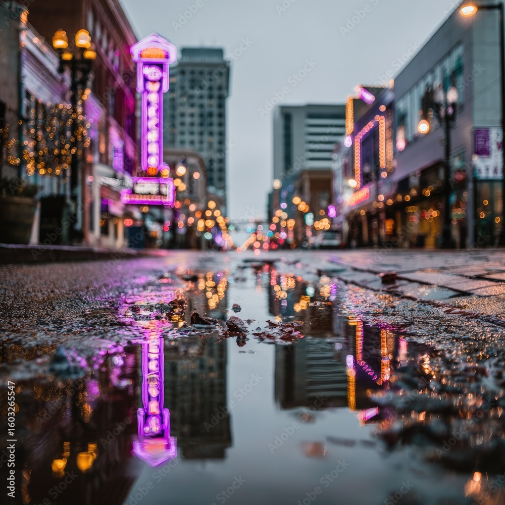 Obraz premium City street at night, puddle reflection