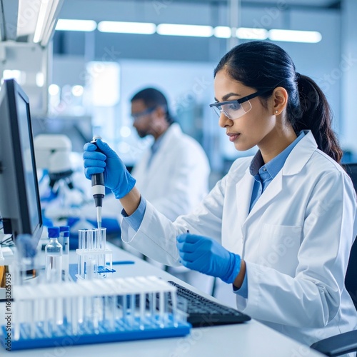 Pharmaceutical Laboratory: Asian Female Scientist Working with Samples, Using Micro Pipette for Mixing Chemicals and Acids. Advanced Scientific Lab for Medicine, Biotechnology, Vaccine Development.