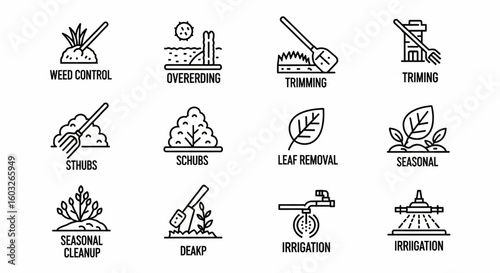 Lawn Care Service Line Icon Set – Weed Control, Trimming, Irrigation, Shrubs, Leaves Removal, Cleanup Vector


