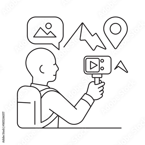 Line art of a traveler filming with an action camera, surrounded by nature icons. Concept for travel blogging, outdoor adventure, content creation.