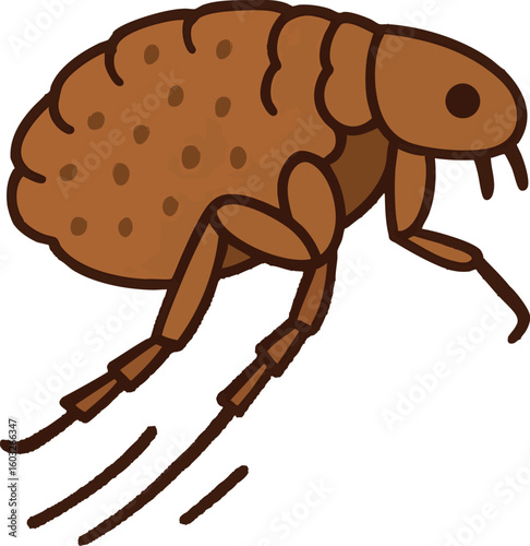 Flat vector flea in jumping pose, tiny with bumpy body, vector-friendly, isolated on white
