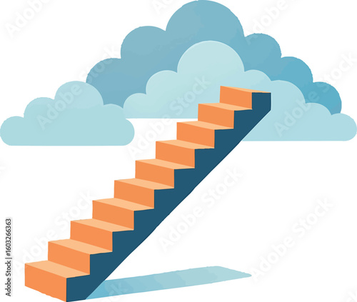 Flat vector floating staircase into clouds, metaphor of endless growth, isolated on white
