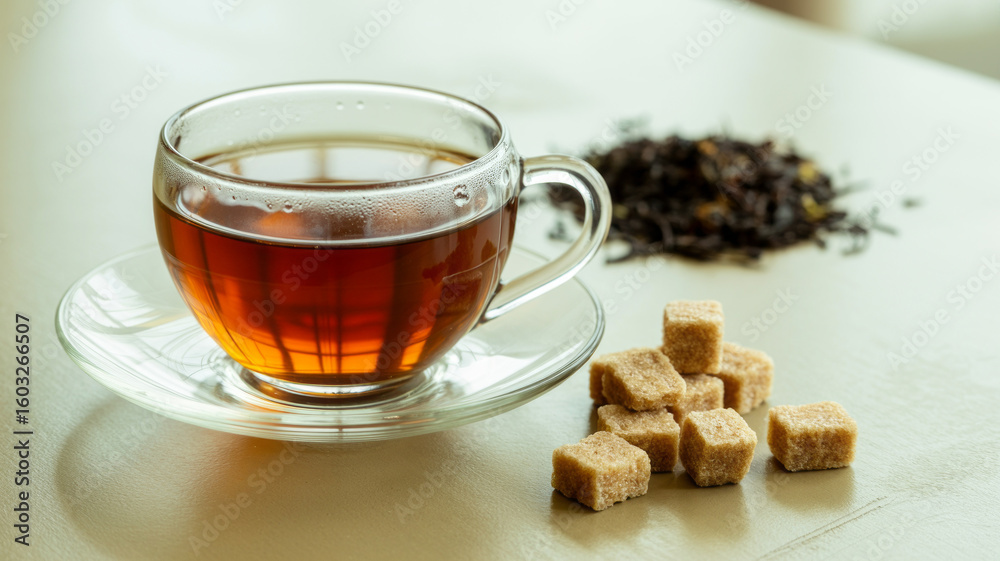 A refreshing cup of hot tea with sugar cubes and loose tea leaves A refreshing cup of hot tea with sugar cubes and loose tea leaves