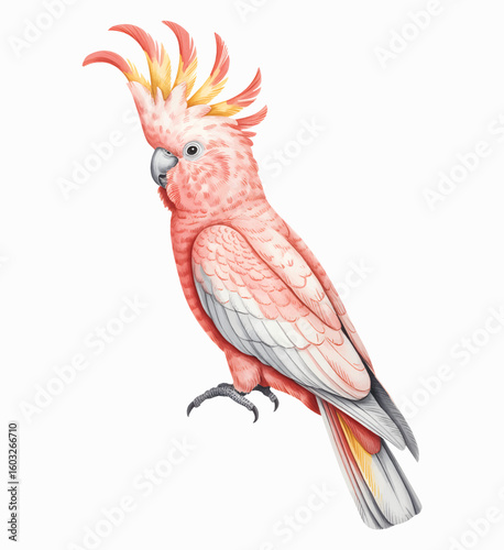 Tropical pink cockatoo bird watercolor on white background.
