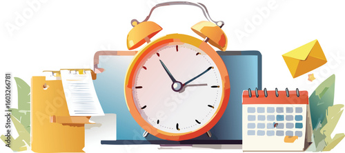 Workplace Time Management Chaos – Clock, Calendar, and Tasks in Motion