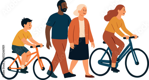 Flat vector friends of different ages biking or walking together, urban community vibe, isolated on white