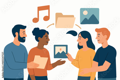 Flat vector group of creatives sharing files, music notes, and visuals, multidisciplinary collaboration, isolated on white