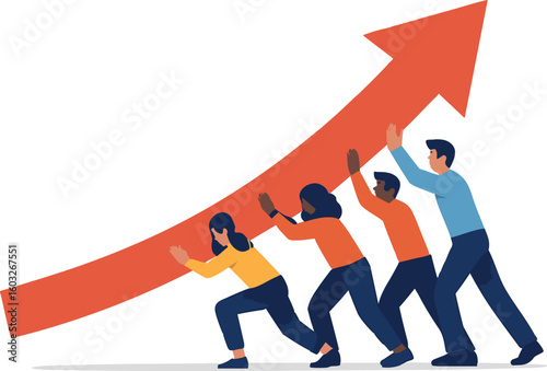 Flat vector group pushing large arrow upward together, teamwork and ambitious effort, isolated on white