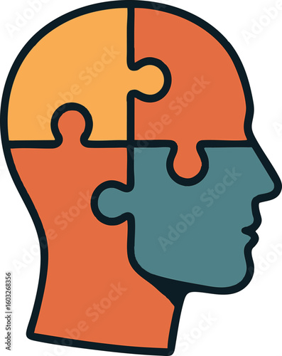 Flat vector head with puzzle pieces fitting together, symbolizing therapy or emotional clarity