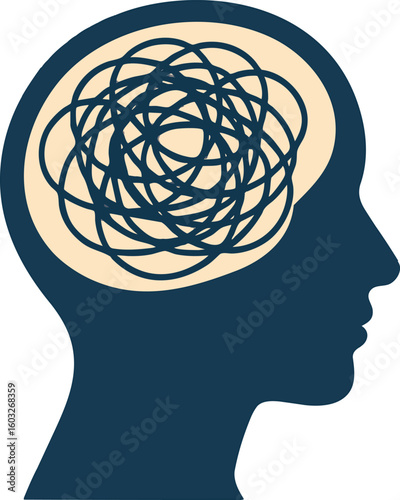 Flat vector head with tangled lines inside, visual metaphor for anxiety or mental overload