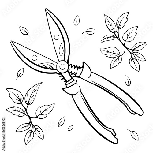 Garden shears with leaves and branches in minimalist style  
