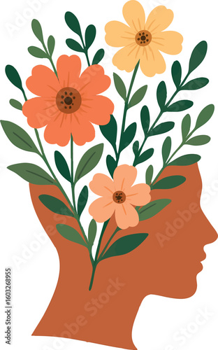 Flat vector illustration of human head silhouette with blooming flowers inside, symbolizing mental growth and healing
