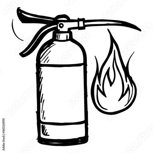 Fire extinguisher with stylized flame illustration in black and white  