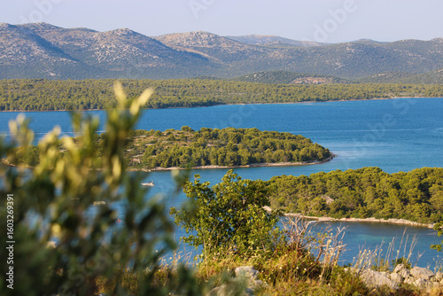 kornati islands skyline in blue ocean, viewpoint veli vrh, Murter, Croatia