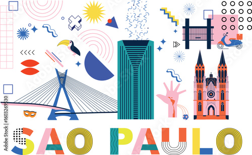Typography word "Sao Paulo" branding Memphis concept. Collection of flat vector web icons, culture travel set, famous architectures and specialties detailed silhouette. Brazilian famous landmark.