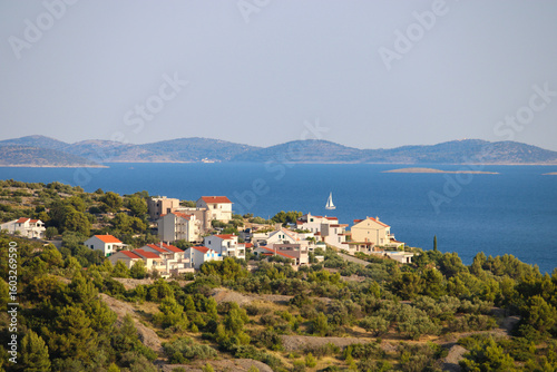 croatian valley with ocean and kornati islands from viewpoint veli vrh, Murter, Croatia