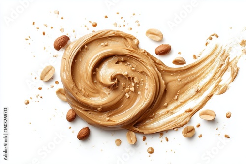 Peanut butter swirl artfully blended with crunchy peanuts on a clean white background showcasing its rich texture and creamy appearance