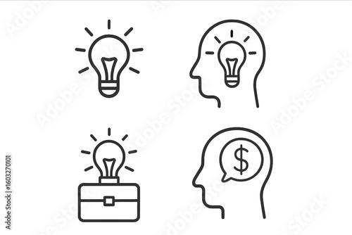 Innovation and business idea icon set. Lightbulb in head for creativity, briefcase for startup. Head with dollar sign for financial thinking, investment, and monetization.