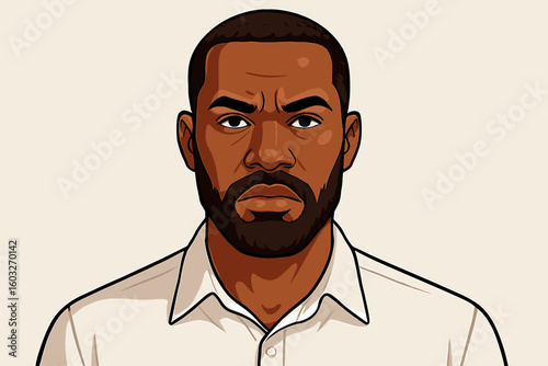 Serious African American man portrait. Vector cartoon of a Black male face with a beard. Adult person in white shirt with a determined or angry facial expression.