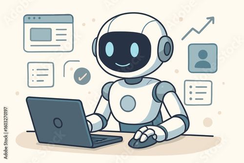 AI robot working on a laptop computer. Artificial intelligence character doing digital online tasks. Automation technology, virtual assistant, chatbot, data analysis concept.