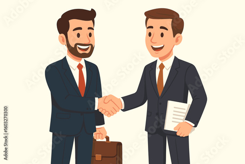 Businessmen shaking hands vector illustration. Concept of partnership, deal, agreement, and cooperation. Two happy male professionals in suits closing a successful contract.