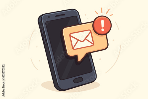 New email message notification on mobile phone screen. Alert, spam, or important unread letter concept. Modern smartphone with mail icon. Vector cartoon illustration.