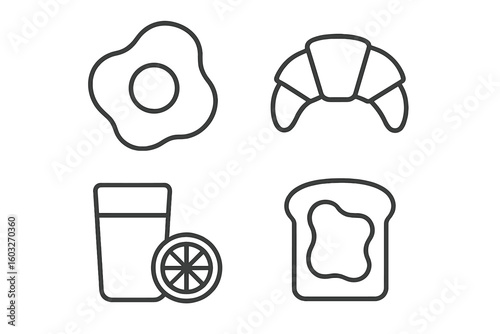 Breakfast food line icon set. Morning meal symbols collection. Simple outline vector illustration of fried egg, croissant, toast with jam, and fresh orange juice.