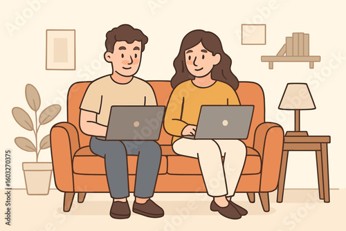 Couple working from home together on laptops. Man and woman sitting on couch in cozy living room. Remote work, freelance lifestyle concept. Vector cartoon illustration.