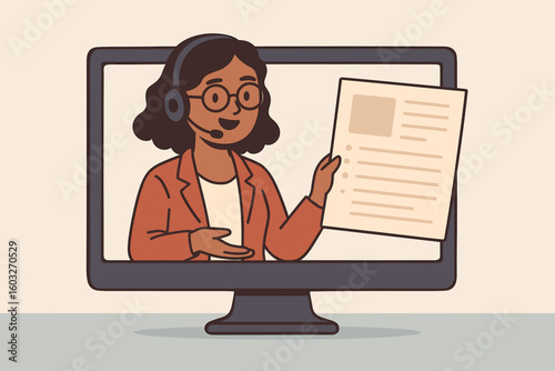 Customer service agent, virtual assistant on computer screen. Woman with headset giving online support, consultation. Call center operator, webinar host, remote work concept.