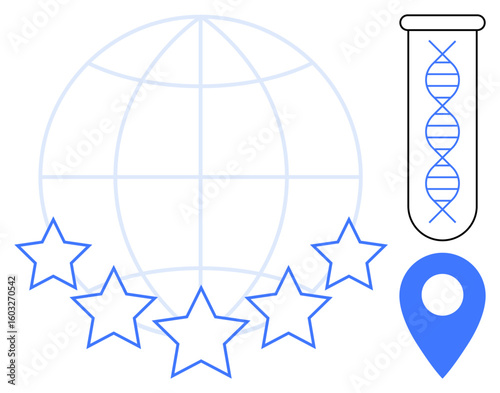 DNA strand in test tube, globe network, five stars, location pin. Ideal for biotech research, global healthcare, innovation, excellence, progress medical solutions and technology advancements