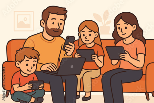 Family with kids on couch using gadgets. Father, mother, son and daughter with phone, laptop, tablet. Digital addiction, screen time, social media problem concept. Vector.