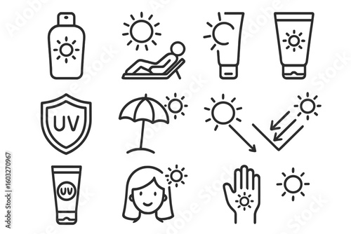 Sun protection line icon set. Sunscreen and tanning vector icons. UV protection and sunblock outline pictogram collection for infographic. Editable stroke for summer skin care.