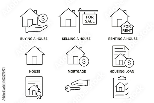 Real estate line icon set. Buying, selling, and renting a house. Mortgage and housing loan symbols. Property investment, ownership, and deal pictograms for web and apps.