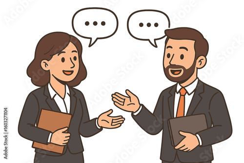 Business people talking. Man and woman colleagues in suits having a professional conversation. Corporate communication, teamwork and collaboration concept with speech bubbles.