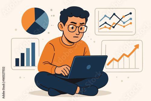 Data analysis concept with a man working on a laptop. Cartoon character concentrating on statistics, charts, and graphs. Business analytics, financial report vector.