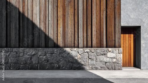 A side wall with textures (such as wood or stone) and minimalist art