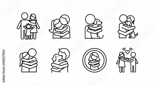 Hugs Line Icon Set – Family, Couple Embrace, Pet Affection, Comfort, Support Symbol Vector Illustration

