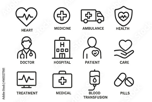 Medical and healthcare line icon set. Medicine, health, doctor, hospital, patient, ambulance, treatment, care, blood transfusion concepts. Outline vector symbols collection.
