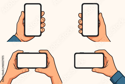 Set of hands holding smartphone with blank screen. Mobile phone mockup for app presentation. Vector cartoon illustration of human hand holding device, vertical and horizontal.