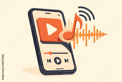Music streaming on phone. Smartphone with audio player app interface. Listen to podcast, song or audiobook online. Sound wave and note popping out of screen. Vector concept.