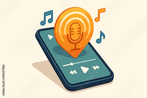 Podcast and music streaming concept. Mobile phone with audio player app. Listen to online radio, audiobook or broadcast. Smartphone screen with microphone pin icon and notes.